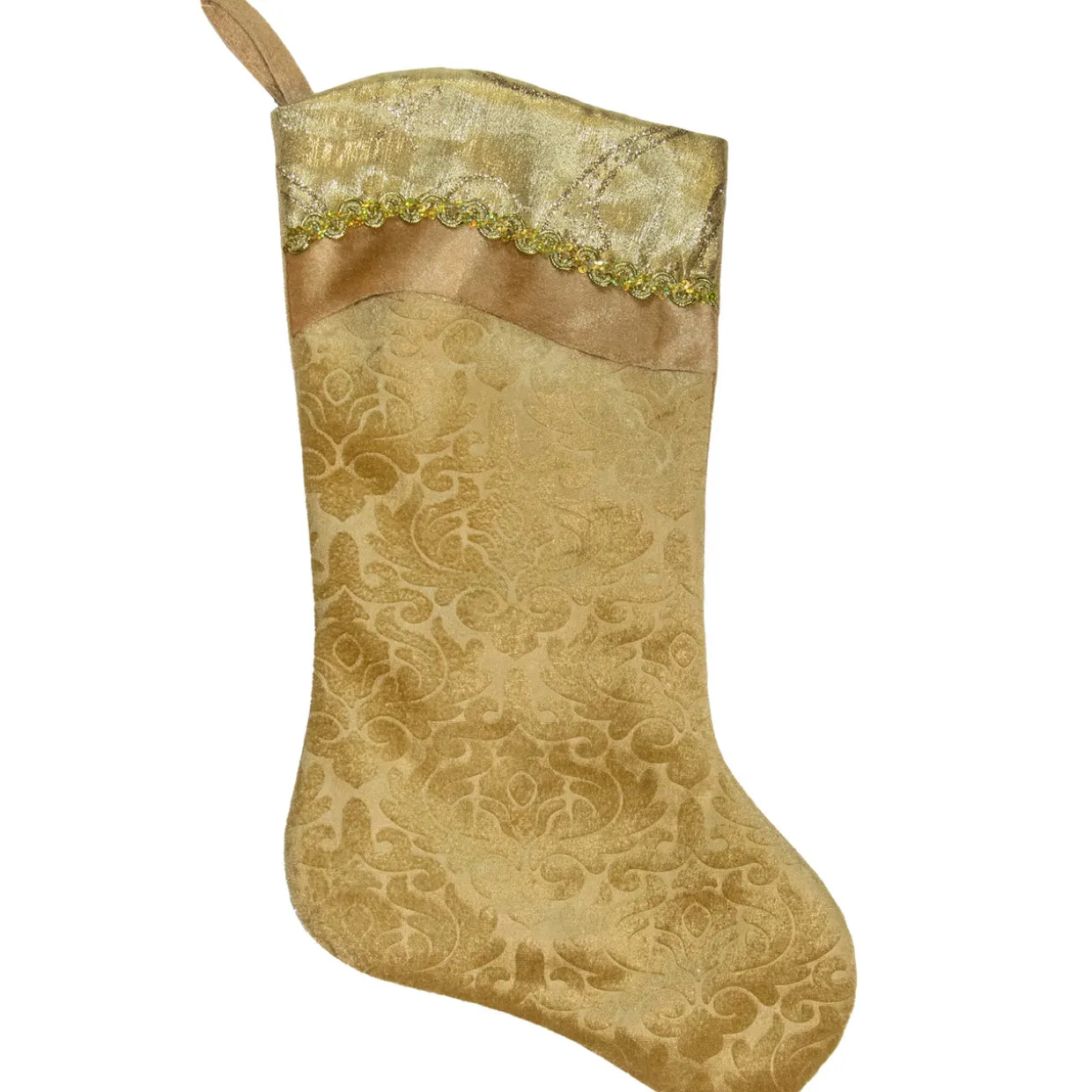 20.5" Gold Etched Velvet Christmas Stocking with Glitter Print and Metallic Trim