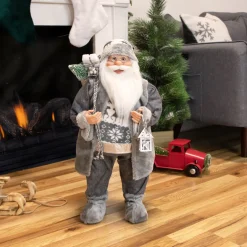 24" Gray and White Santa Claus with Lantern Christmas Figure