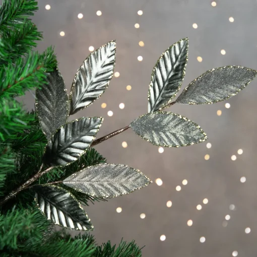 28" Gray Glitter Textured Leaves Christmas Spray