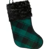19" Green and Black Plaid Christmas Stocking with Faux Fur