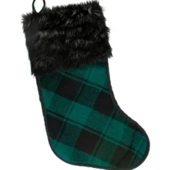 19" Green and Black Plaid Christmas Stocking with Faux Fur