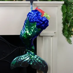 24" Green and Black Sequined Iridescent Mermaid Christmas Stocking