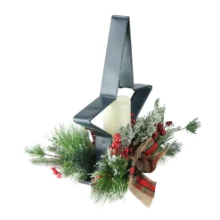 15" Green and Ivory Pine Needle, Berry, and Jingle Bell Deep Star Shaped Candle Holder