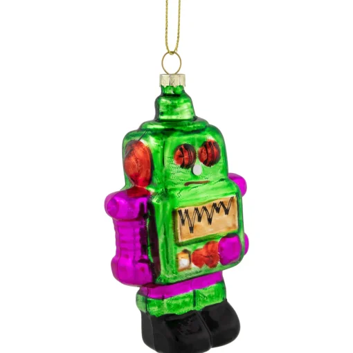 5" Green and Purple Robot Glass Christmas Ornament