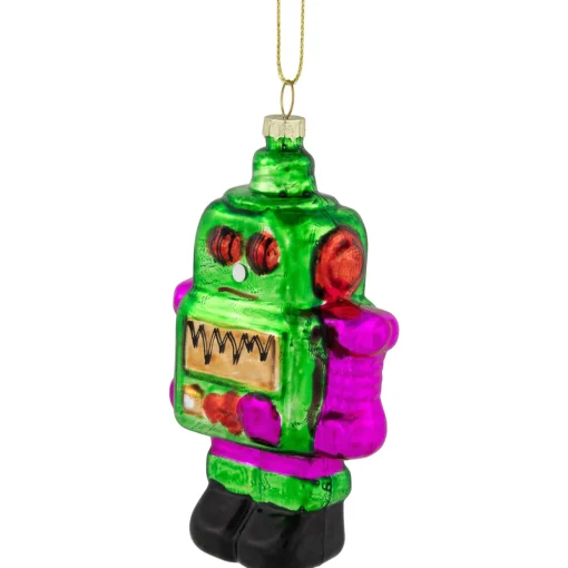 5" Green and Purple Robot Glass Christmas Ornament