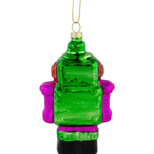 5" Green and Purple Robot Glass Christmas Ornament