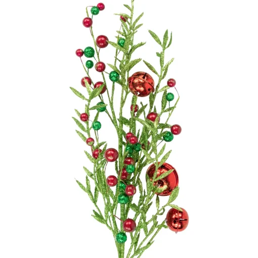 32" Green and Red Jingle Bells and Berry Artificial Glitter Christmas Spray