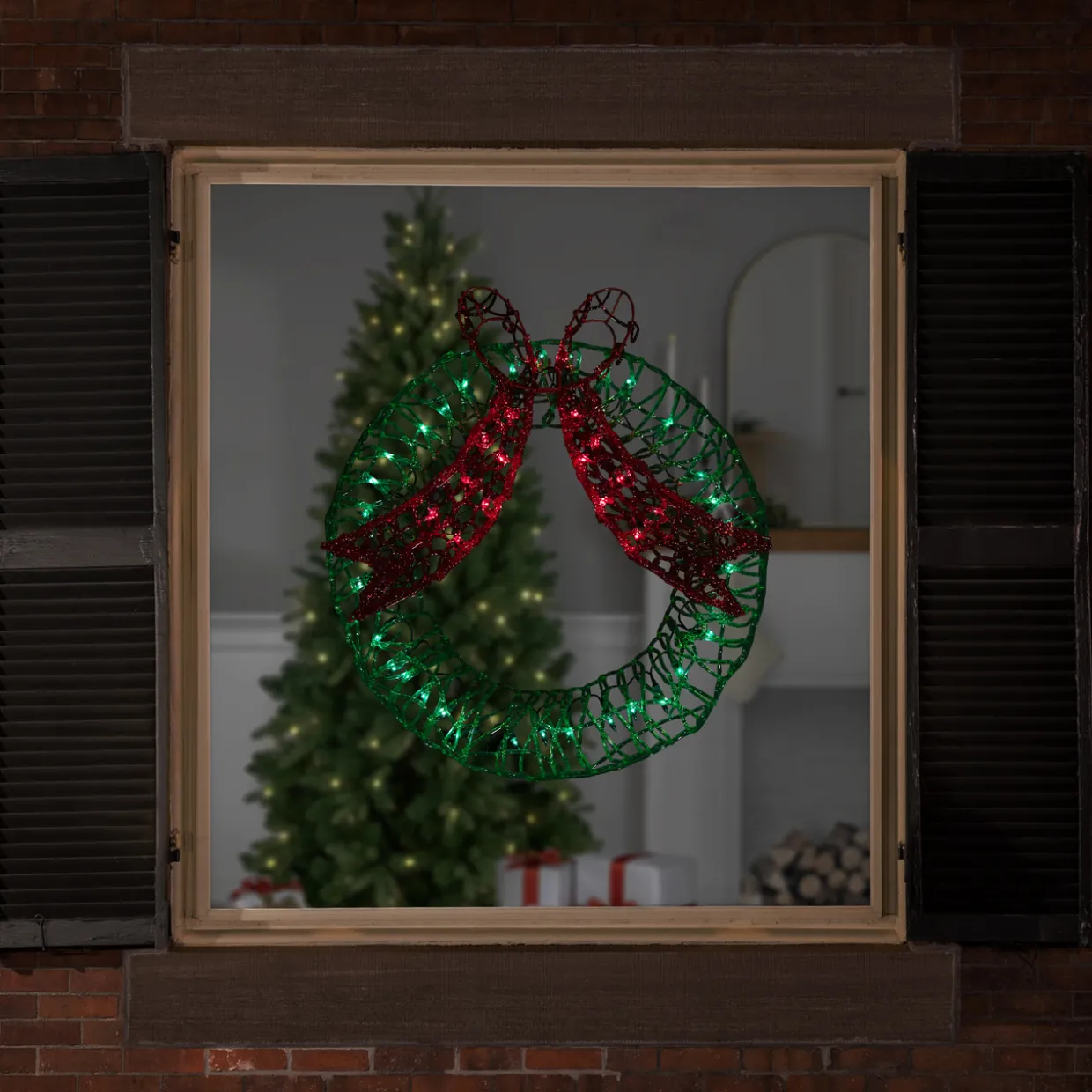 20" Green and Red Lighted Wreath and Bow Christmas Window Silhouette Decoration
