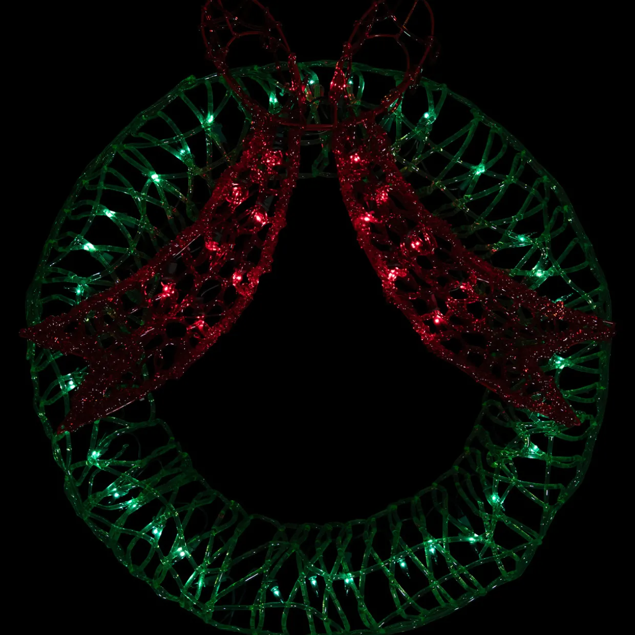 20" Green and Red Lighted Wreath and Bow Christmas Window Silhouette Decoration