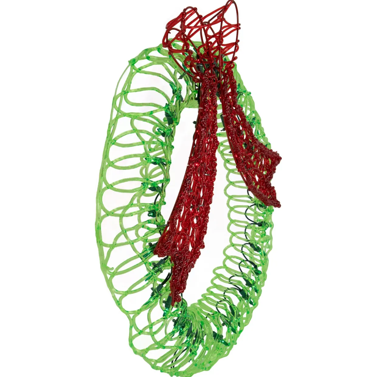 20" Green and Red Lighted Wreath and Bow Christmas Window Silhouette Decoration