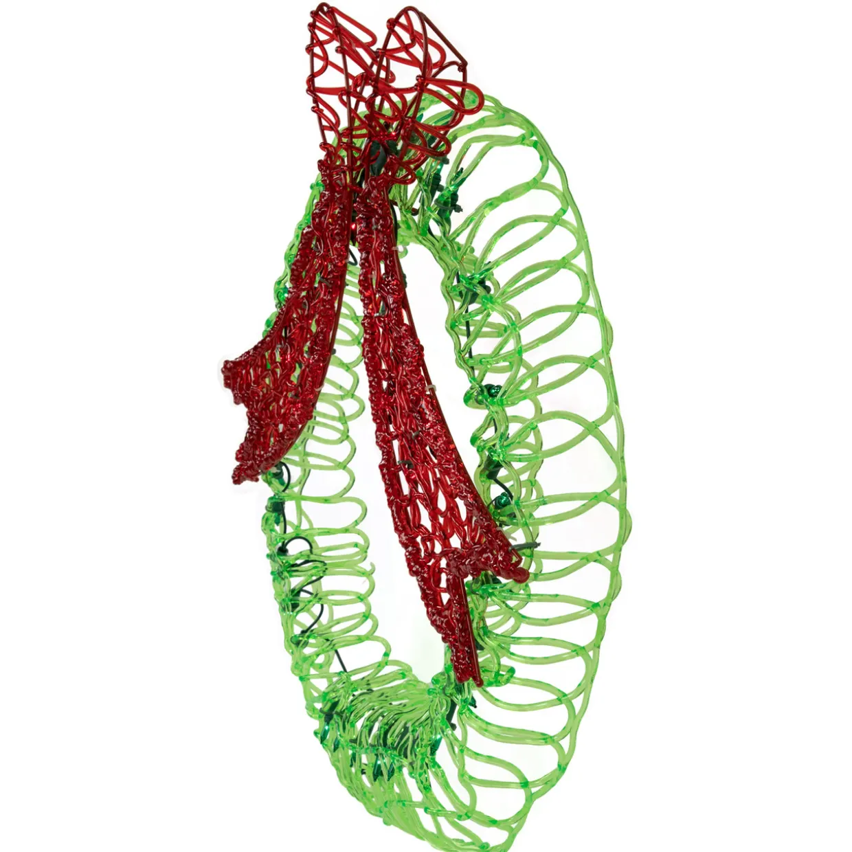 20" Green and Red Lighted Wreath and Bow Christmas Window Silhouette Decoration