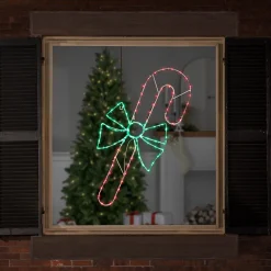 28" Green and White LED Lighted Candy Cane with Bow Christmas Window Silhouette