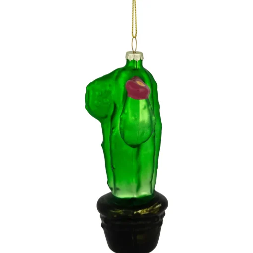 5" Green Cactus with Pink Flower Glass Christmas Ornament