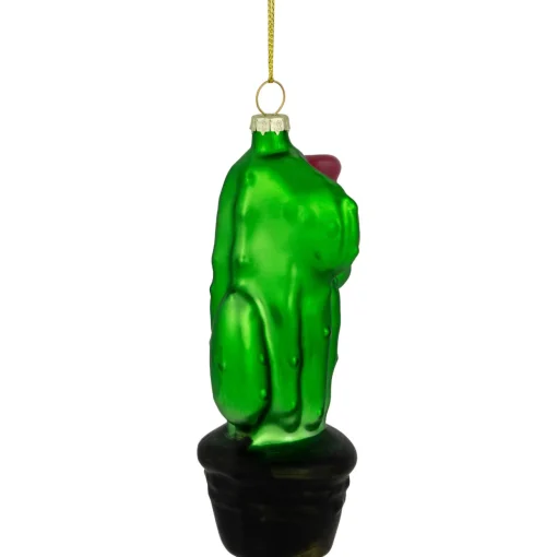 5" Green Cactus with Pink Flower Glass Christmas Ornament