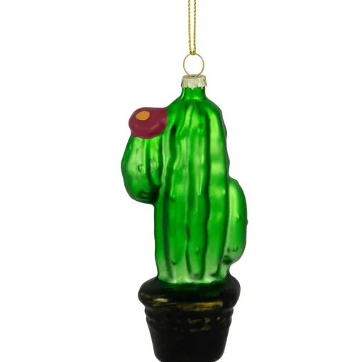 5" Green Cactus with Pink Flower Glass Christmas Ornament