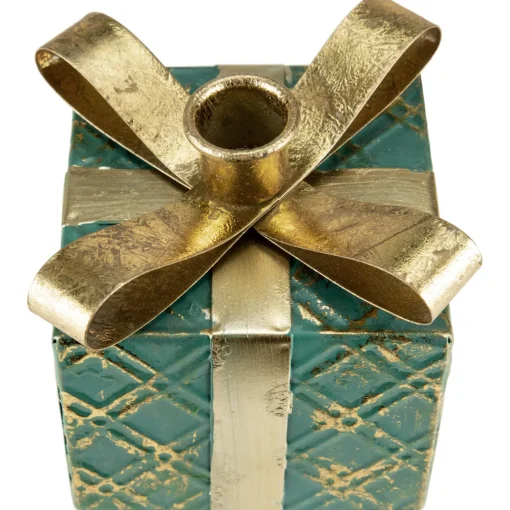 4.5" Green Metal Gift Box Christmas Taper Candle Holder