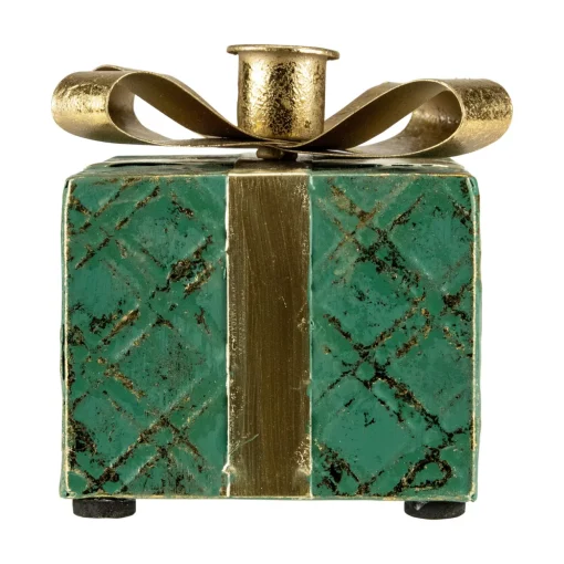 4.5" Green Metal Gift Box Christmas Taper Candle Holder