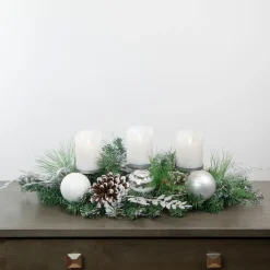 30" Green Pine and Needle Triple Candle Holder with Pinecones and Christmas Ornaments