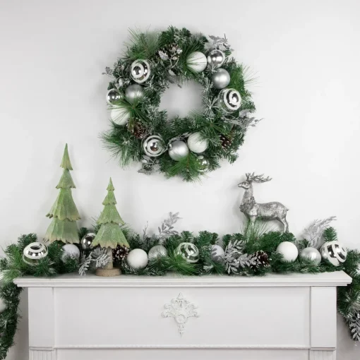 6' Green Pine Needle Garland with Pinecones and Striped Christmas Ornaments, Unlit