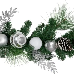 6' Green Pine Needle Garland with Pinecones and Striped Christmas Ornaments, Unlit