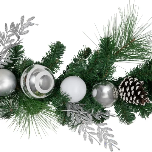 6' Green Pine Needle Garland with Pinecones and Striped Christmas Ornaments, Unlit