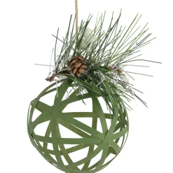 5" Green Rattan Style Christmas Ball Ornament with Pine Cone