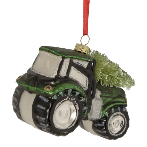 4" Green Tractor with Tree Glass Christmas Ornament