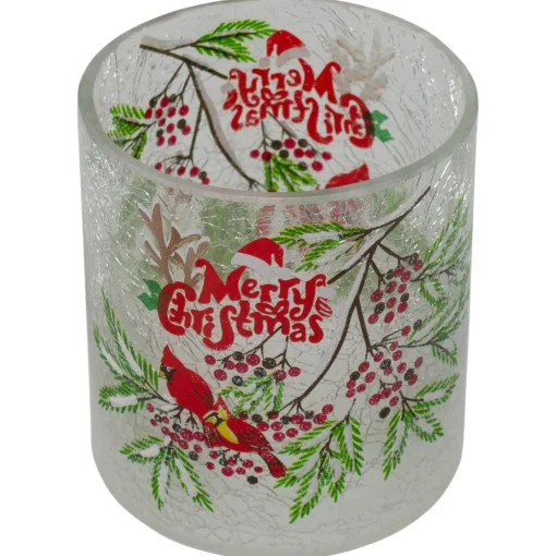 8" Hand Painted Christmas Cardinal and Pine Flameless Glass Christmas Candle Holder