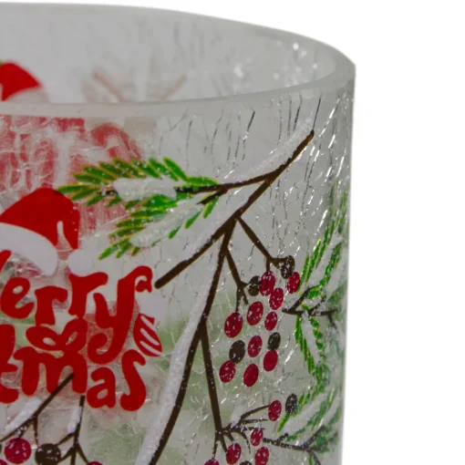 8" Hand Painted Christmas Cardinal and Pine Flameless Glass Christmas Candle Holder
