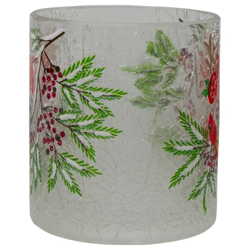 8" Hand Painted Christmas Cardinal and Pine Flameless Glass Christmas Candle Holder