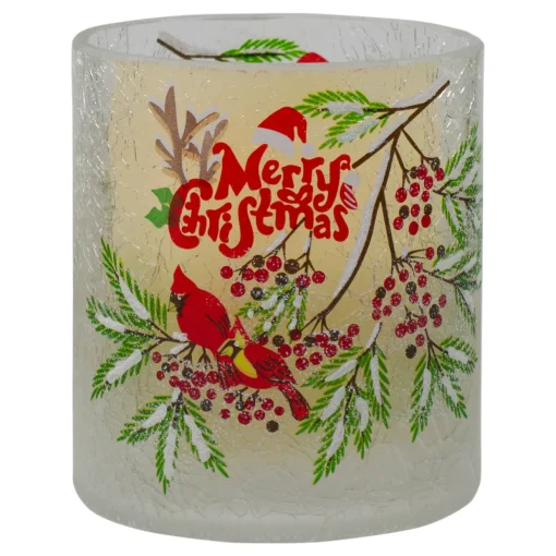 8" Hand Painted Christmas Cardinal and Pine Flameless Glass Christmas Candle Holder