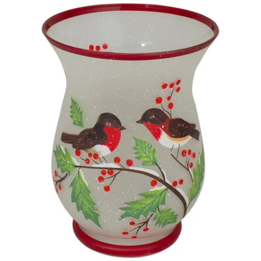 8" Hand Painted Finches and Pine Glass Christmas Candle Holder