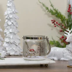 4" Hand-Painted Pine Trees and Deer Flameless Glass Christmas Candle Holder