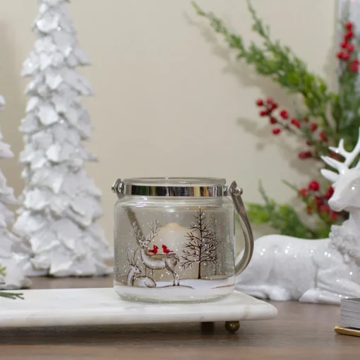 4" Hand-Painted Pine Trees and Deer Flameless Glass Christmas Candle Holder