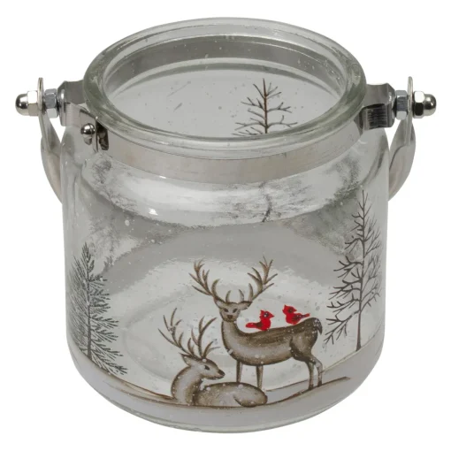 4" Hand-Painted Pine Trees and Deer Flameless Glass Christmas Candle Holder