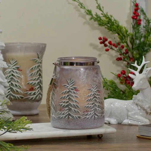 6.25" Hand-Painted Pine Trees and Cardinals Flameless Glass Christmas Candle Holder