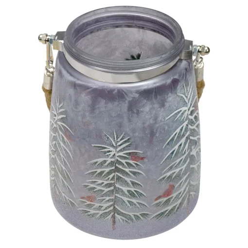 6.25" Hand-Painted Pine Trees and Cardinals Flameless Glass Christmas Candle Holder