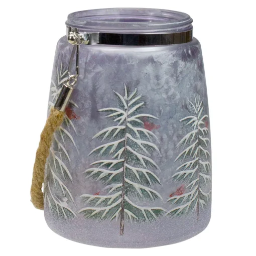 6.25" Hand-Painted Pine Trees and Cardinals Flameless Glass Christmas Candle Holder