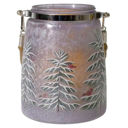6.25" Hand-Painted Pine Trees and Cardinals Flameless Glass Christmas Candle Holder
