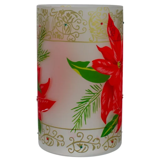 10" Hand-Painted Red Poinsettias and Gold Flameless Glass Christmas Candle Holder