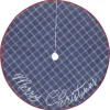 48 inch Blue Plaid Denim Embroidered Merry Christmas Holiday Tree Skirt