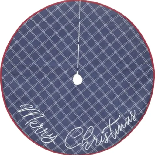 48 inch Blue Plaid Denim Embroidered Merry Christmas Holiday Tree Skirt