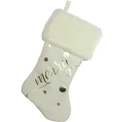 19" Ivory White Gold Foil "Merry" Christmas Stocking with White Faux Fur Cuff