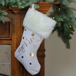 19" Ivory White Gold Foil "Merry" Christmas Stocking with White Faux Fur Cuff