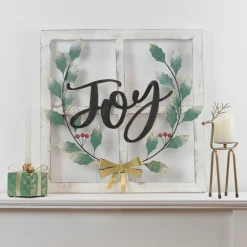 23.75" Joy Window Frame with Holly Christmas Wall Sign