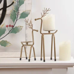 13.25" Large Bronze Reindeer Christmas Pillar Candle Holder