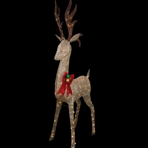 74" LED Lighted Champagne Deer with Red Bow Outdoor Christmas Decoration