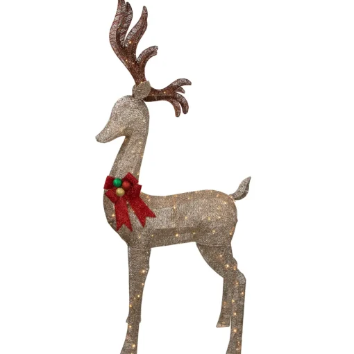 74" LED Lighted Champagne Deer with Red Bow Outdoor Christmas Decoration