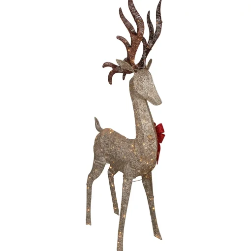 74" LED Lighted Champagne Deer with Red Bow Outdoor Christmas Decoration
