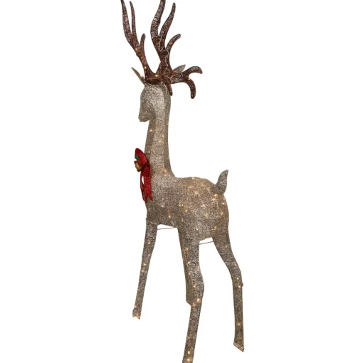 74" LED Lighted Champagne Deer with Red Bow Outdoor Christmas Decoration